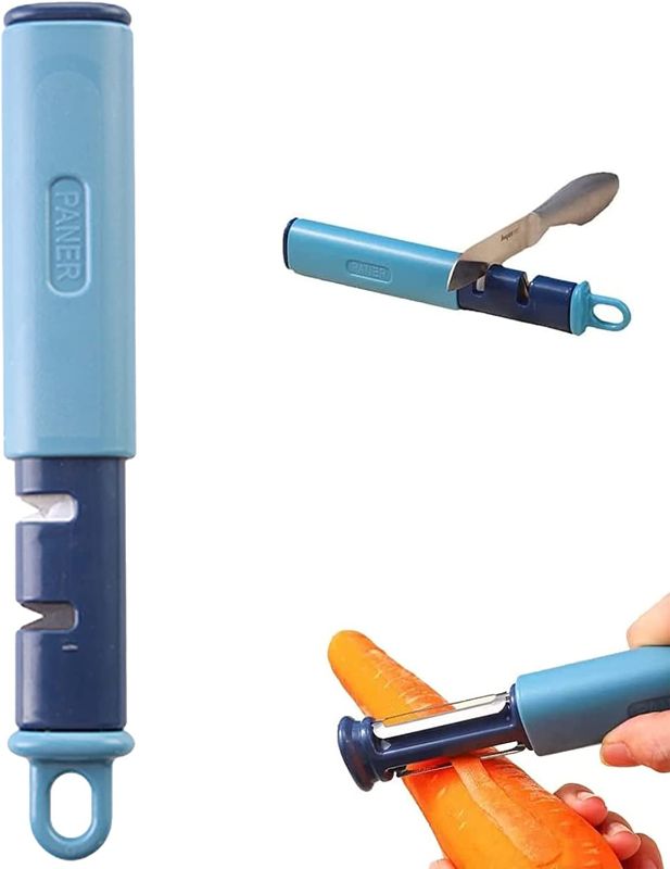 Photo 1 of ***2 Pack*** 3 In 1 Peeler Kitchen Knife Sharpener, Multifunctional Kitchen Tool, Vegetable Fruit Peeler Flat /Serrated 2 types of blades with 2 Stage Knife Sharpener, for Fruit Cucumber Kitchen Gadget (Blue)
