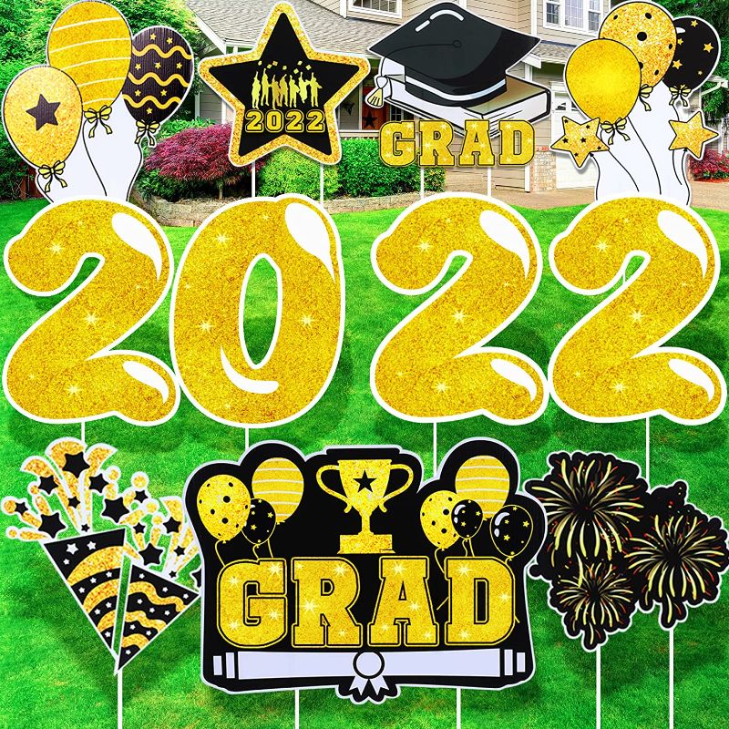 Photo 1 of ***2 Pack*** Graduation Yard Sign 2022 - 9PCS 16 Inches Extra Large Congrats Grad Yard Sign with 18 Stakes Waterproof Lawn Outdoor Decor Graduation Yard Decorations Graduation Party Supplies - Black Gold