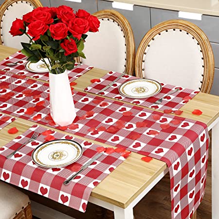 Photo 1 of 5 Pieces Valentine's Day Table Runner Love Red Heart Buffalo Check Placemats Valentine Tablecloth 13 x 70 Inch Hearts Table Runner 13 x 18 Inch Valentine Table Mats Pink Plaid Table Decoration