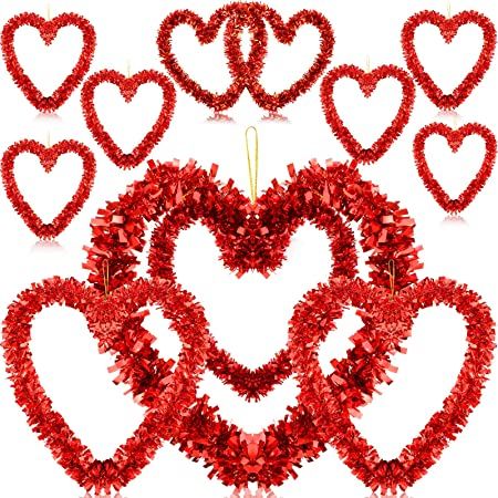 Photo 1 of 9 Pieces Red Valentine Heart Shaped Wreaths Tinsel Heart Shaped Wreaths Red Foil Wreaths for Valentine's Day Wedding Propose Holiday Party Front Door Wall Window Decorations