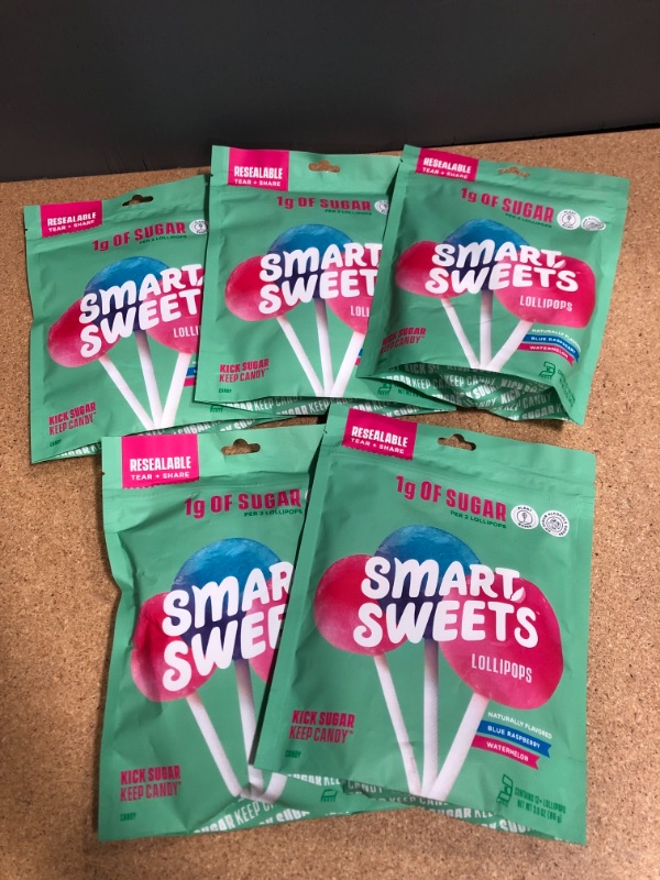 Photo 2 of Best By 08/18/2022 - 5 Packs of SmartSweets Lollipops, Watermelon & Blue Raspberry 3oz