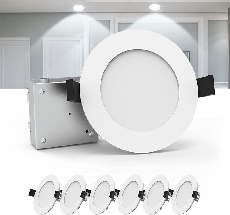 Photo 1 of LED Recessed Lighting with Junction Box 6 Pack 6 Inch, LED Wafer Light 850LM 12W Eqv 110W, Dimmable Can-Killer Downlight, Retrofit Installation, ETL, Energy Star Certified, 3000K/5000K Selectable