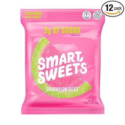 Photo 1 of **EXPIRES AUG24/2022** SmartSweets NEW Sourmelon Bites, Candy with Low Sugar (3g), Low Calorie, Plant-Based, Free From Sugar Alcohols, No Artificial Colors or Sweeteners, Sour Watermelon, 1.8 Ounce (Pack of 12), 21.6 Ounce
