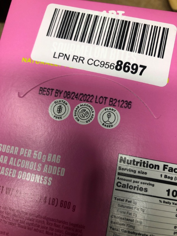 Photo 2 of **EXPIRES AUG24/2022** SmartSweets NEW Sourmelon Bites, Candy with Low Sugar (3g), Low Calorie, Plant-Based, Free From Sugar Alcohols, No Artificial Colors or Sweeteners, Sour Watermelon, 1.8 Ounce (Pack of 12), 21.6 Ounce
