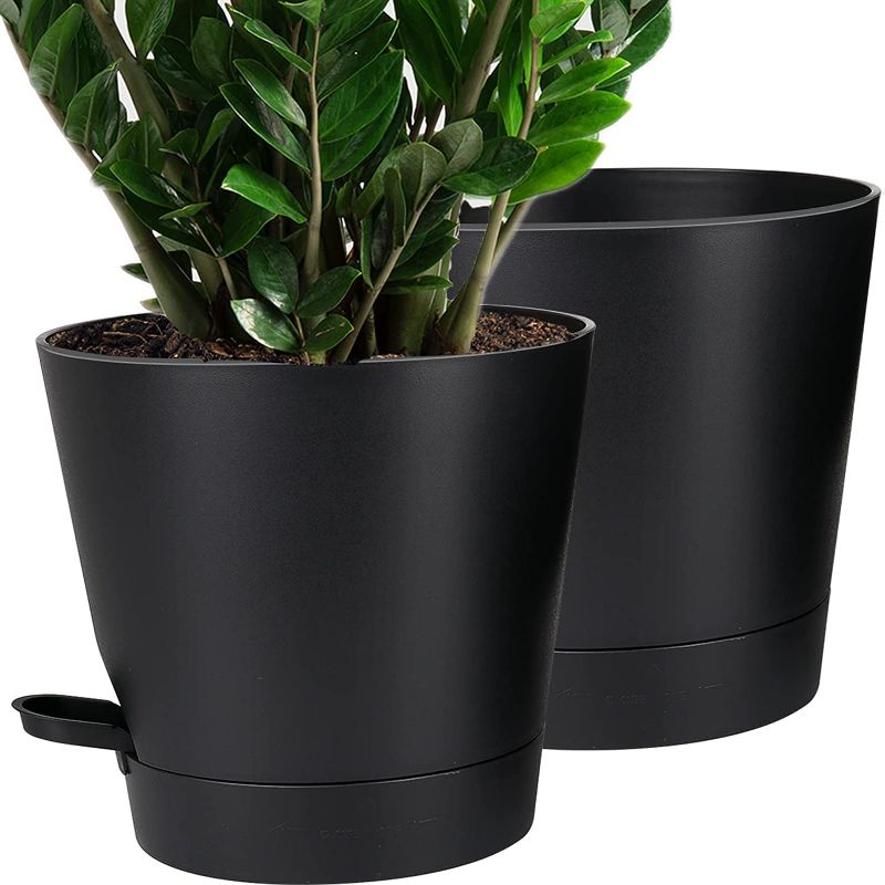 Photo 1 of 8 inch Self Watering Planters, 2Pack Plastic Bottom Watering Plant Pots with Drainage Holes Saucers Reservoirs for Indoor Outdoor Windowsill Garden Flower Plants, Black
