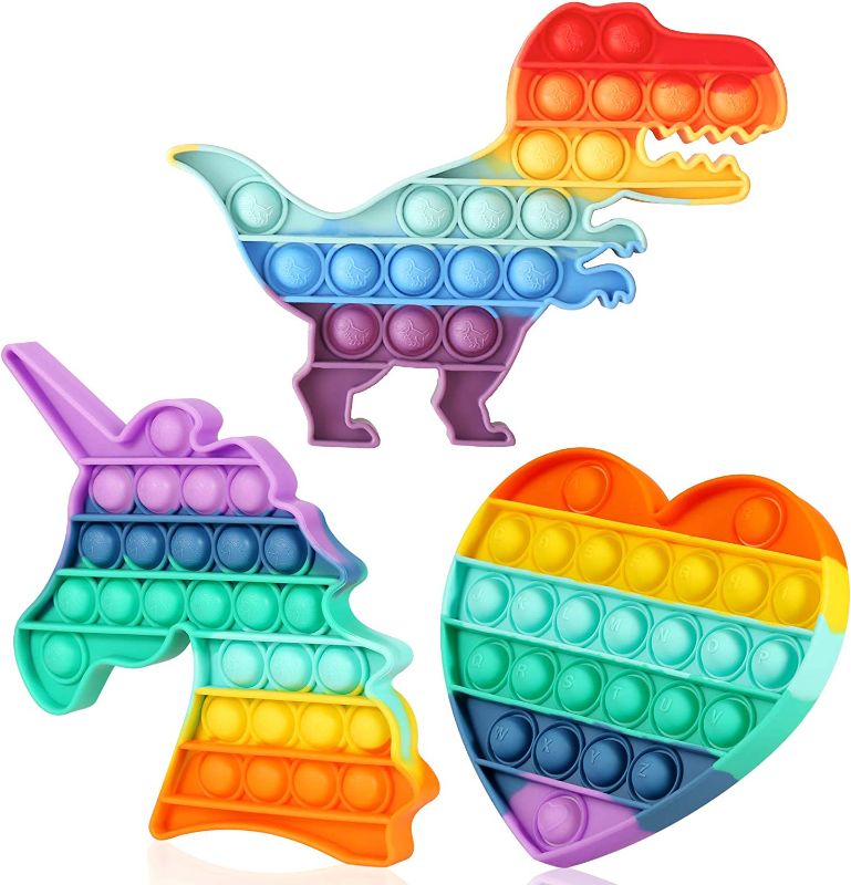 Photo 1 of ***bundle of of 3 packs***
Fescuty Rainbow Unicorn Dinosaur Pop Stress Relief Fidget Toys Heart Sensory Toys Autism Learning Materials for Anxiety Stress Relief Squeeze Toy Class Rewards Students Party Gifts for Kids
