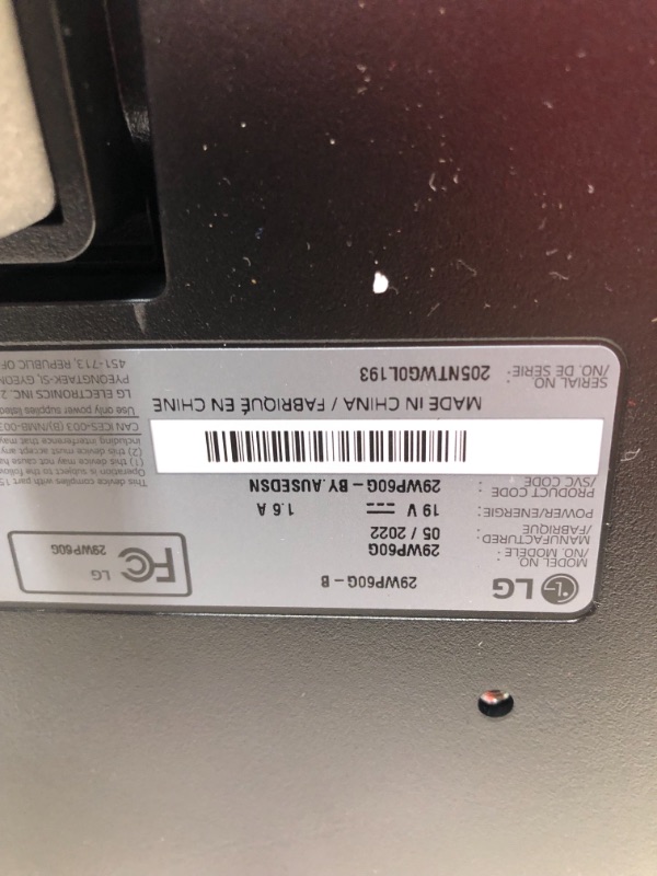 Photo 1 of PARTS ONLY DID NOT POWER ON 
LG 29WP60G-B UltraWide Monitor 29" 21:9 FHD (2560 x 1080) IPS Display, sRGB 99% Color Gamut, HDR 10, USB Type-C Connectivity, 3-Side Virtually Borderless Display - Black
