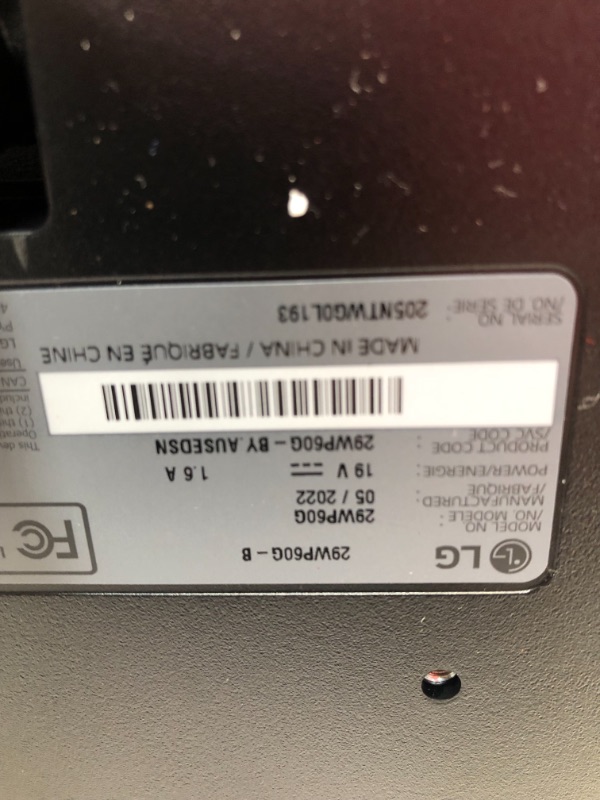 Photo 1 of PARTS ONLY DID NOT POWER ON 
LG 29WP60G-B UltraWide Monitor 29" 21:9 FHD (2560 x 1080) IPS Display, sRGB 99% Color Gamut, HDR 10, USB Type-C Connectivity, 3-Side Virtually Borderless Display - Black
