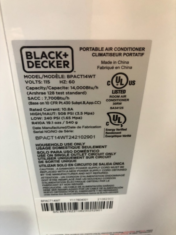 Photo 7 of BLACK+DECKER 14,000 BTU Portable Air Conditioner with Remote Control, White

-powers on blows ice cold 