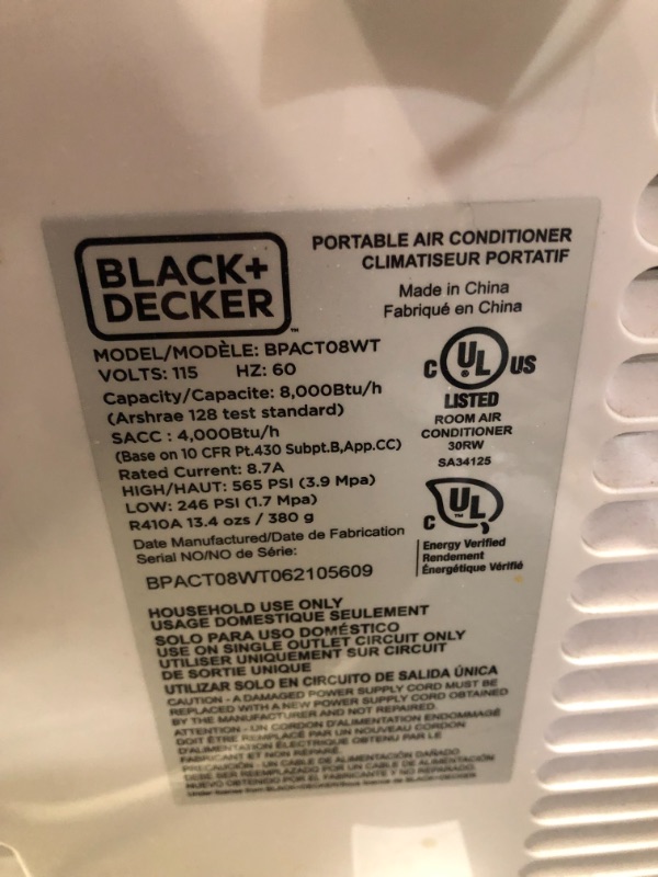 Photo 5 of PARTS ONLY 
stuck in FT mode not functional 
BLACK+DECKER 8,000 BTU Portable Air Conditioner with Remote Control, White