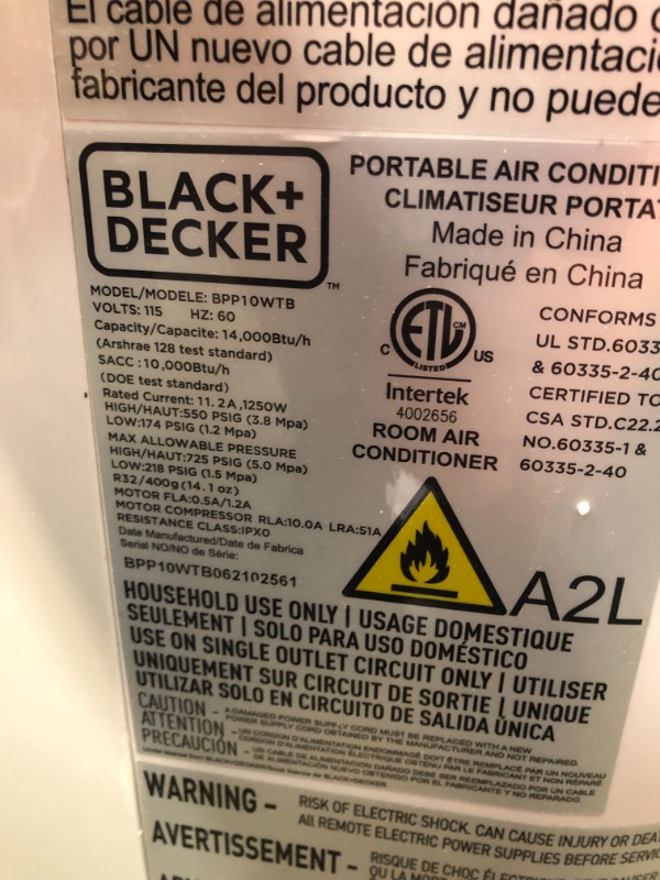 Photo 5 of NOT FUNCTIONAL COMPRESSOR DID NOT COME ON 
BLACK+DECKER 14,000 BTU Portable Air Conditioner with Remote Control, White