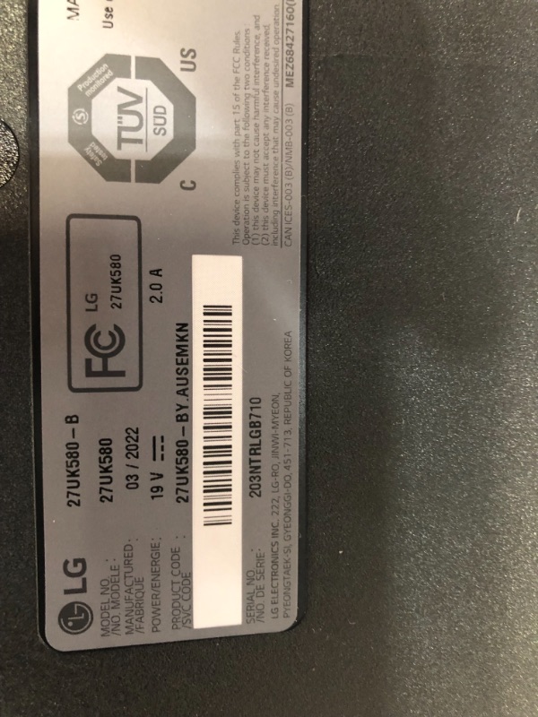 Photo 1 of PARTS ONLY HAS POWER TO IT SCREEN DOES NOT LOOK DAMAGED 
LG 27UK580-B 27” UHD 4K (3840 x 2160) IPS Display with Ergo Stand (Extend/Retract/Swivel/Height/Pivot/Tilt), sRGB 98% (Typ.) with HDR10, Dual Controller & OnScreen Control