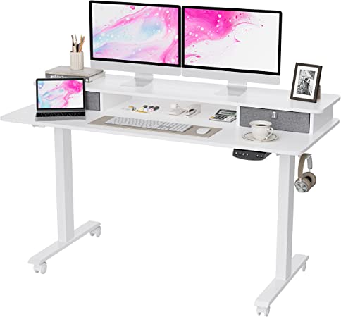 Photo 1 of BANTI Electric Standing Desk with Double Drawers, 55x24 Inches Adjustable Height Stand Up Desk, Sit Stand Home Office Desk with Storage Shelf, White Top/White Frame, (B-SDE-55WE-DD)