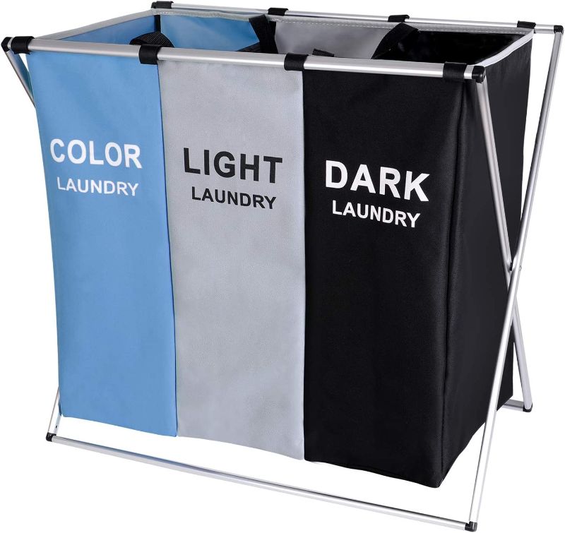 Photo 1 of  Laundry Cloth Hamper Bag Sorter Basket Bin Foldable 3 Sections with Aluminum Frame