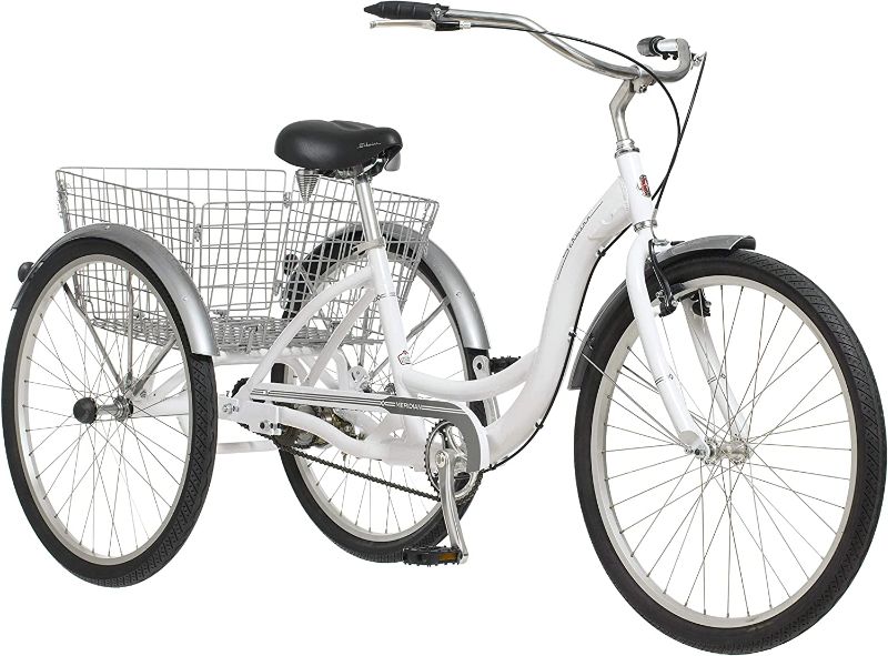 Photo 1 of 
Schwinn Meridian Adult Tricycle, 24 or 26-Inch Wheel Options, Low Step-Through Aluminum Frame, Cargo Basket, Multiple Colors
Style:1-speed
Color:White
Size:26-Inch Wheels