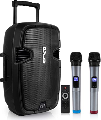 Photo 1 of Karaoke Portable PA Speaker System - 1600W Active Powered Bluetooth Compatible Speaker, Rechargeable Battery, Easy Carry Wheels, USB MP3 RCA, FM Radio, 2 UHF Microphone, Remote - Pyle PPHP1599WU