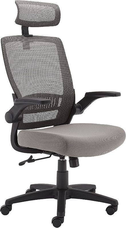 Photo 1 of Amazon Basics Ergonomic Adjustable High-Back Mesh Chair with Flip-Up Arms and Headrest, Upholstered Mesh Seat - Grey
