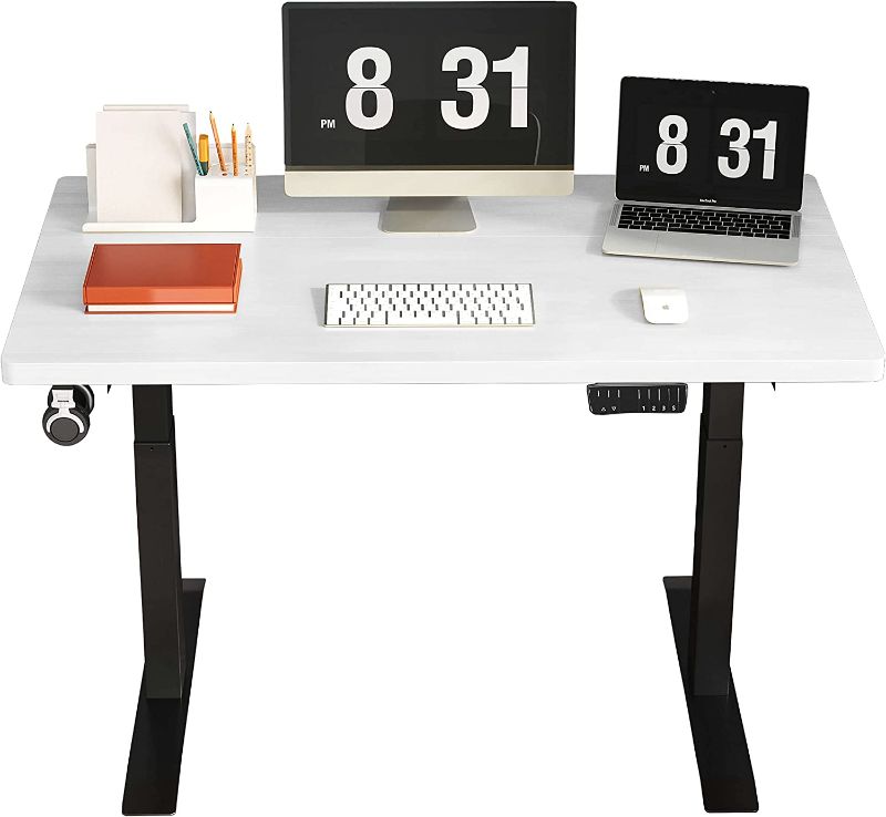 Photo 1 of IYEE NATURE Electric Standing Desk, Dual Motor Adjustable Height Desk, 55 x 27.5 Inches Stand up Desk, Home Office Desk, Sit Stand Desk with Splice Board/Black Frame/White Top
