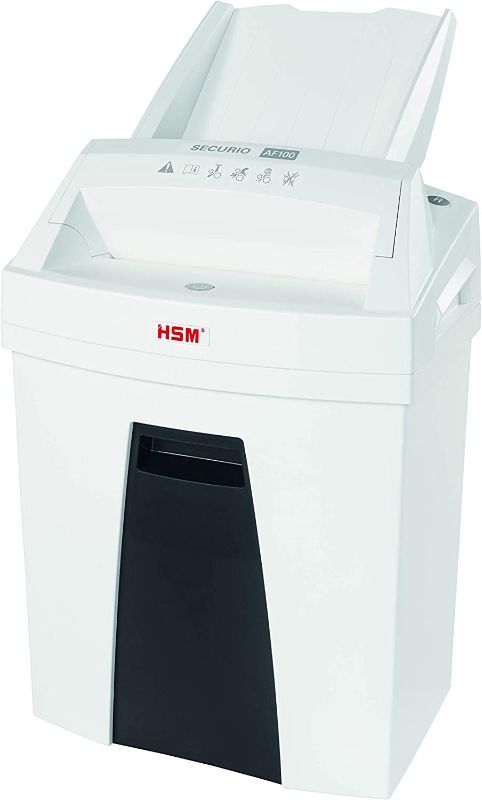 Photo 1 of HSM SECURIO AF100c, 100-Sheet Automatic Cross-Cut Shredder, P-4 Security Level, 6.6 Gallon, White
