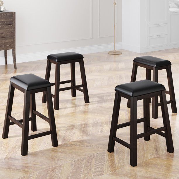 Photo 1 of  4 Pieces Counter Height Chairs Wood Kitchen Dining Upholstered Stools, Brown Finish+Black Cushion