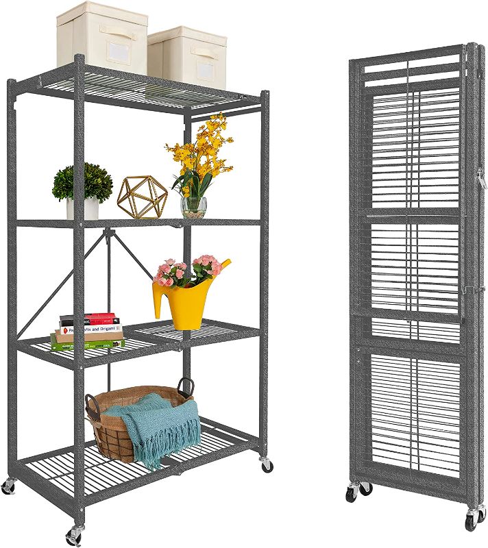 Photo 1 of **DAMAGED** Origami 4-Shelf Foldable Storage Shelves | for Garage Kitchen Bakers Closet, Metal Wire, Collapsible Organizer Rack, Holds up to 1000 pounds, Powder-Coated Steel, Heavy Duty | Pewter
