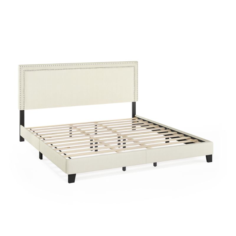 Photo 1 of Furinno Laval Double Row Nail Head Upholstered Platform Bed Frame, King, Linen
