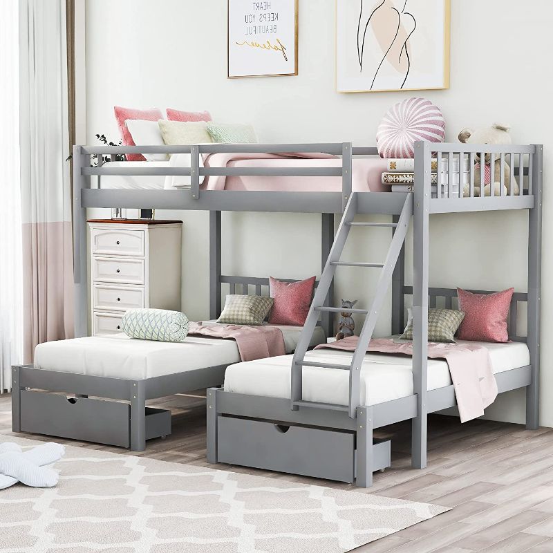 Photo 1 of **INCOMPLETE BOX 1 OF 3 ONLY**Full Over Twin & Twin Triple Bunk Bed with Three Drawers for Kids/Adults,3 in 1 Bedframe w/ Storage,Solid Pinewood Bunkbeds w/ Safety Guardrails & Ladder,Space Saving,No Box Spring Needed, Gray
