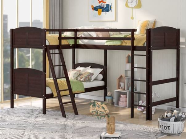 Photo 1 of **INCOMPLETE BOX 1 OF 2 ONLY***OVERDRIVE Simple Style L-Shaped Twin over Twin Bunk Bed and Twin Size Loft Bed with Ladders, Solid Construction, Espresso
