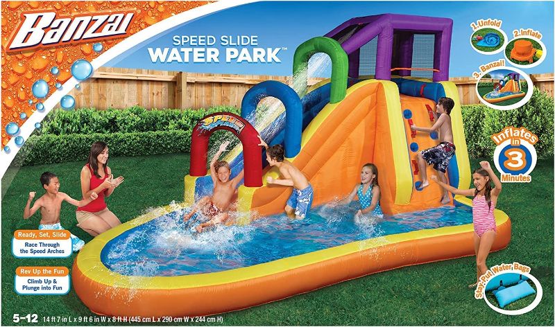 Photo 1 of BANZAI Speed Slide Water Park, Length: 14 ft 7 in, Width: 9 ft 6 in, Height: 8 ft, Inflatable Outdoor Backyard Water Slide Splash Bounce Climbing Toy
