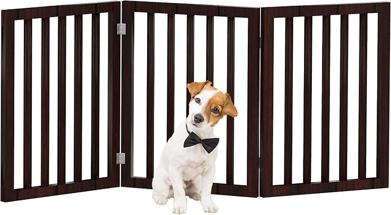 Photo 1 of PETMAKER Freestanding Pet Gate - Wooden Folding Fence for Doorways, Halls, Stairs and Home - Step Over Divider - Great for Dogs and Puppies - 3 Panel Brown
