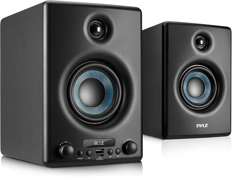 Photo 1 of Pyle HiFi Active Bookshelf Speaker with Bluetooth - Audio Stereo Monitor Speaker System, 300W, Professional Quality Sound for PC, TV, Desktops, w/USB, Micro SD, RCA Input, Black - PBKSP33BK
