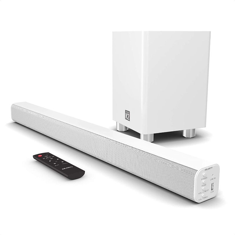 Photo 1 of Majority K2 Sound Bar with Subwoofer | 150W Powerful Stereo 2.1 Channel Sound Bar for TV | Home Theatre 3D Surround Sound I HDMI ARC, Bluetooth, Optical & RCA Connection I USB & AUX Playback | White
