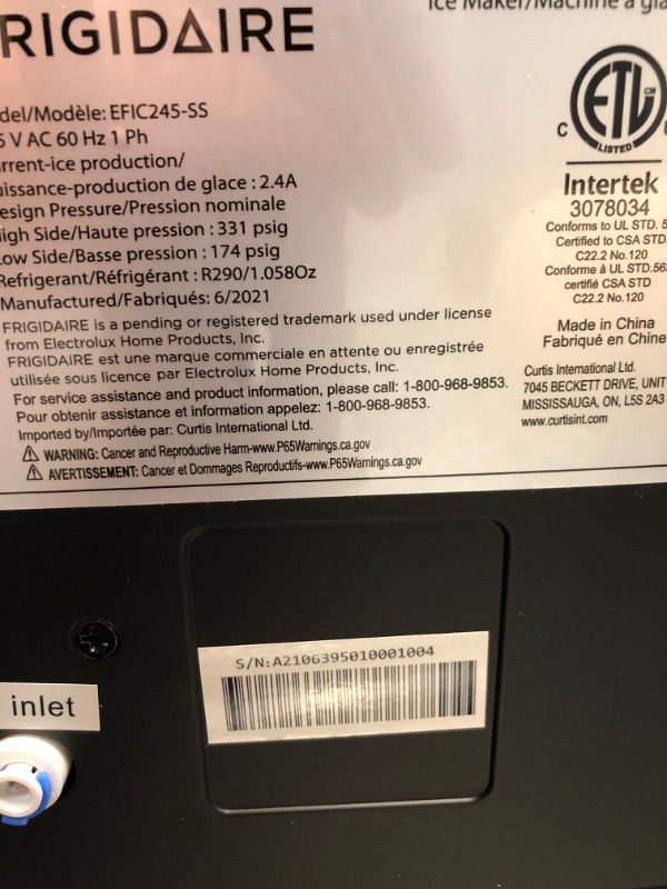 Photo 6 of ***PARTS ONLY*** Frigidaire EFIC245-SS EFIC245 3-in-1 Countertop Crunchy Chewable Nugget Style Dual Ice Crusher and Cube Maker, Makes 33 Pounds in 24 Hours, 2 Sizes, with Water Dispenser and Line-in, Stainless Steel
