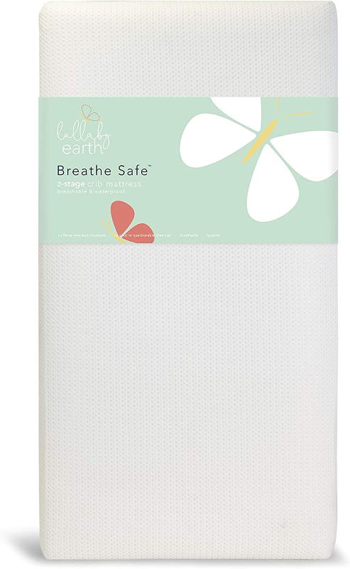 Photo 1 of Lullaby Earth Breathe Safe 2-Stage Breathable Crib Mattress - Chemical Free, Dual Firmness Natural Mattress with Removable Washable Protector - Packaging May Vary
