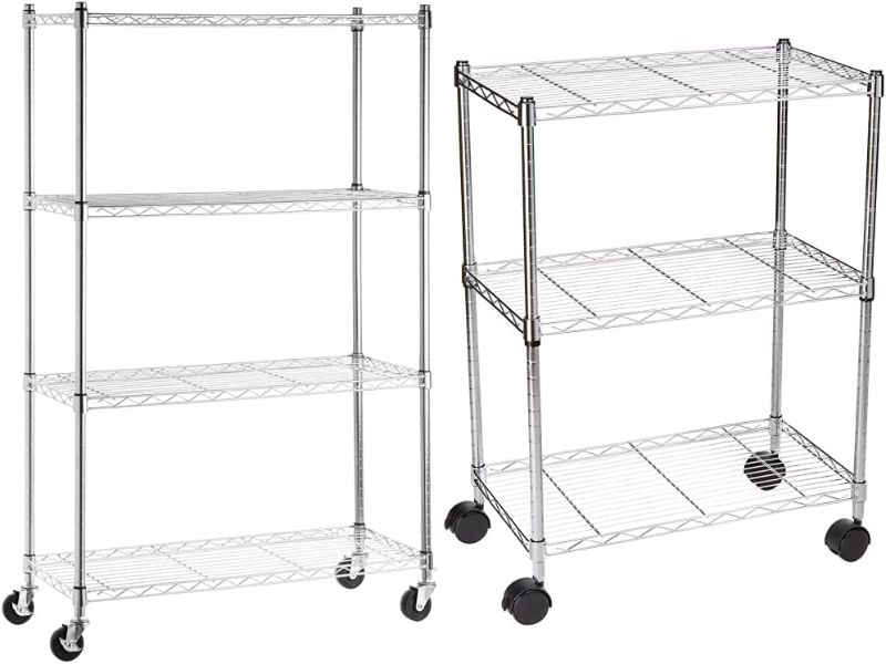 Photo 1 of Amazon Basics 4-Shelf Shelving Storage Unit on 3'' Wheel Casters, Chrome Silver (36L x 14W x 57.75H) & 3-Shelf Heavy Duty Shelving Storage Unit on 2' Wheel Casters, Chrome (23.2L x 13.4W x 32.75H)
