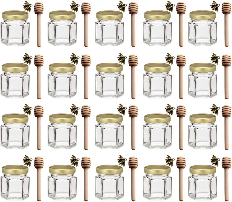 Photo 1 of Adabocute 1.5 oz Hexagon Mini Glass Honey Jars with Wooden Dipper, Gold Lids, Gold Bee Pendants, Jutes, 20 Pack- Perfect for Baby Showers, Wedding Favors, Party Favors
