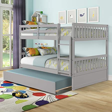 Photo 1 of **INCOMPLETE, MISSING BOX 2 OF 2** Full Over Full Bunk Bed with Trundle, Convertible to 2 Full Size Platform Bed, Full Size Bunk Bed with Ladder and Safety Rails for Kids, Teens, Adults, Grey
