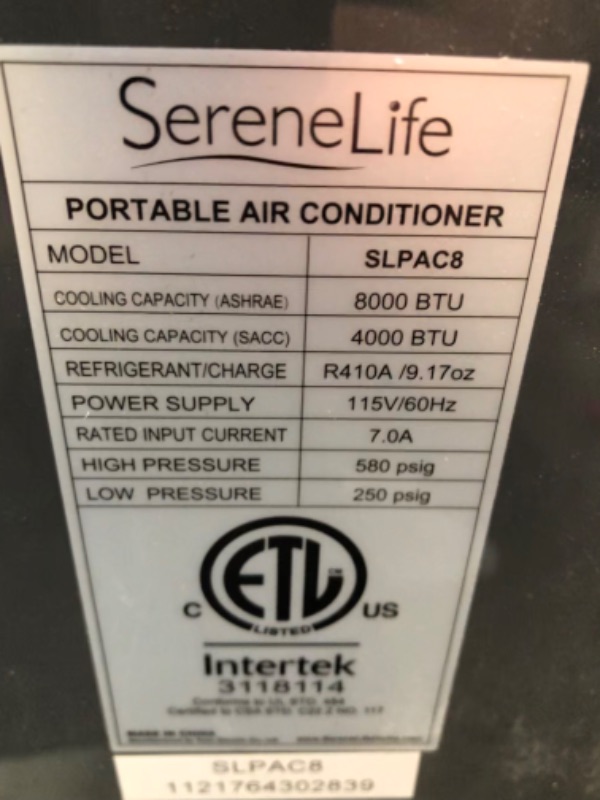 Photo 2 of **NON FUNCTIONAL**SereneLife SLPAC8 Portable Air Conditioner Compact Home AC Cooling Unit with Built-in Dehumidifier & Fan Modes, Quiet Operation, Includes Window Mount Kit, 8,000 BTU, White
