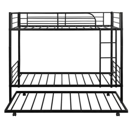 Photo 1 of 39.5 in. W Black Twin-Over-Twin Metal Bunk Bed With Trundle, Can be Divided into 2 Beds
