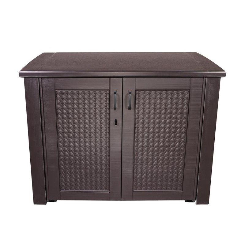 Photo 1 of ***MISSING COMPONENTS*** Rubbermaid Patio Chic Outdoor Storage Cabinet Resin Dark Teak 123 Gallon
