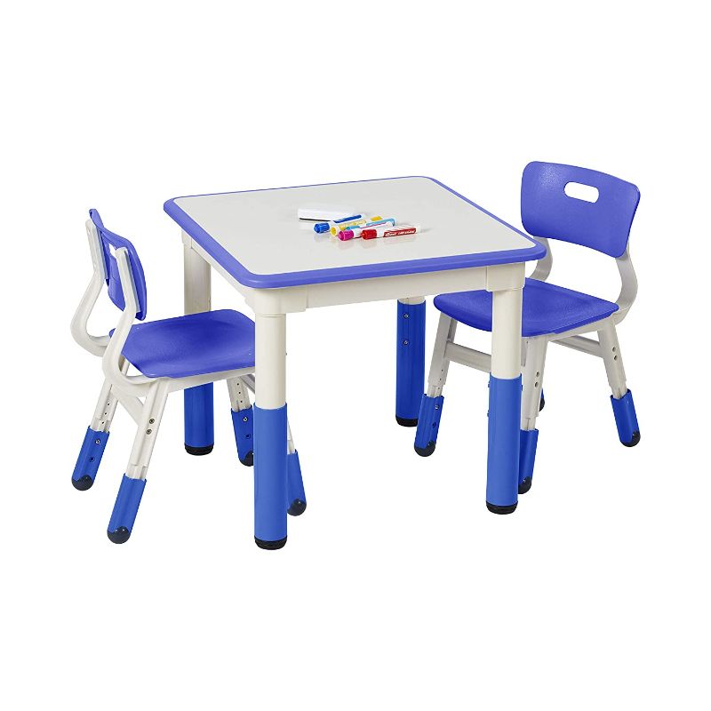 Photo 1 of ECR4Kids Square Resin Dry-Erase Activity Table with 2 Chairs - Indoor Kids Plastic Adjustable Table and Chair Set for Classrooms, Daycares, Homes, Cornflower Blue (3-Piece Set)
