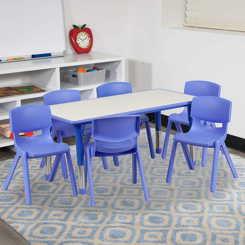 Photo 1 of Flash Furniture 23.625''W x 47.25''L Rectangular Blue Plastic Height Adjustable Activity Table Set with 6 Chairs
