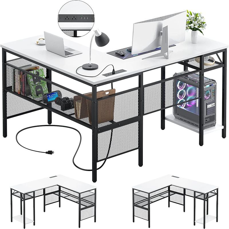 Photo 1 of Unikito L Shaped Desk with USB Charging Port and Power Outlet, Reversible L-Shaped Corner Computer Desk with Storage Shelves, Industrial 2 Person Gaming Table Modern Home Office Desk, White
