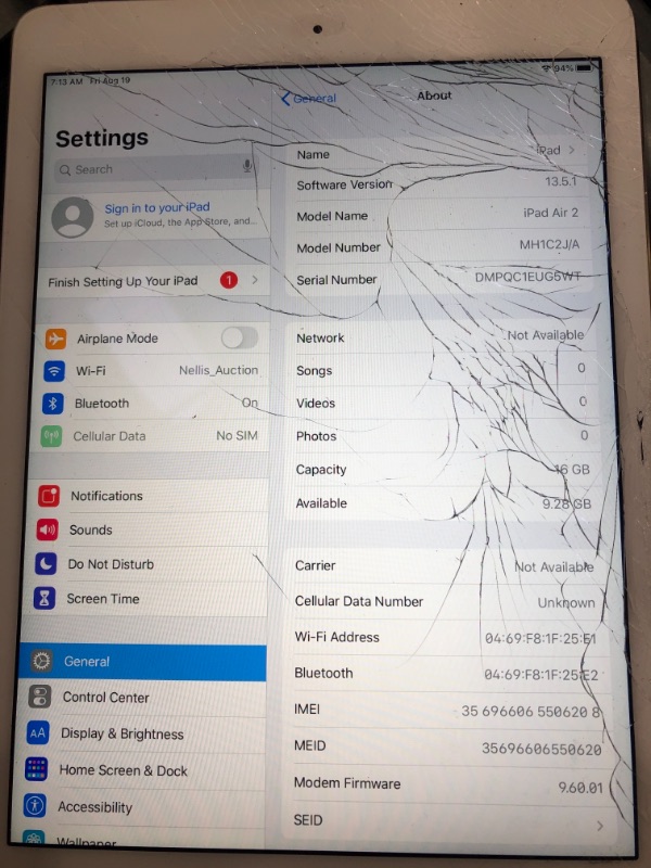 Photo 2 of **Cracked Screen** Apple iPad Air 2 16GB Wi-Fi - (Used Grade C)
