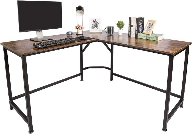 Photo 1 of TOPSKY L-Shaped Desk Corner Computer Desk 59" x 59" with 24" Deep Workstation Bevel Edge Design (Industrial/Rustic Brown)
