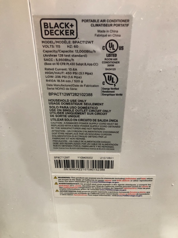 Photo 5 of **DAMAGED* BLOWS COOL NOT COLD* BLACK+DECKER 6,500 BTU DOE (12,000 BTU ASHRAE) Portable Air Conditioner with Remote Control, White