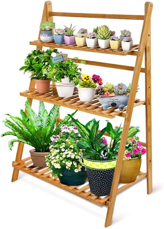 Photo 1 of **MISSING PARTS** OGORI Bamboo Ladder Plant Stand 3-Tier Foldable Organizer Flower Display Shelf Rack for Home Patio Lawn Garden Balcony
