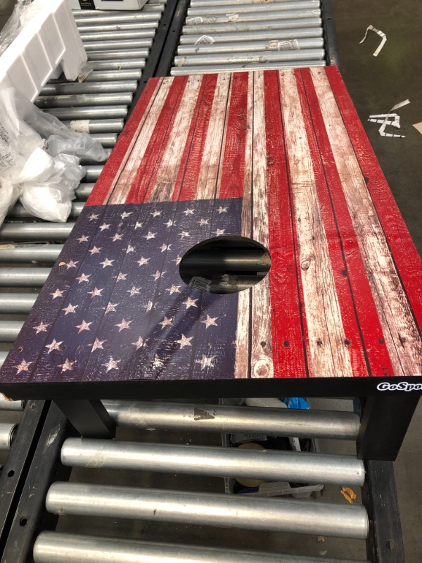 Photo 3 of **DAMAGED** GoSports American Flag Cornhole Set with Wood Plank Design - Includes Two 3' x 2' Boards, 8 Bean Bags, Carrying Case and Game Rules
