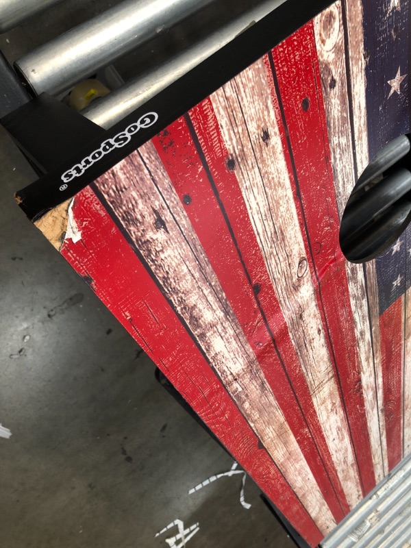 Photo 4 of **DAMAGED** GoSports American Flag Cornhole Set with Wood Plank Design - Includes Two 3' x 2' Boards, 8 Bean Bags, Carrying Case and Game Rules
