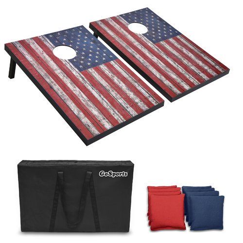 Photo 1 of **DAMAGED** GoSports American Flag Cornhole Set with Wood Plank Design - Includes Two 3' x 2' Boards, 8 Bean Bags, Carrying Case and Game Rules

